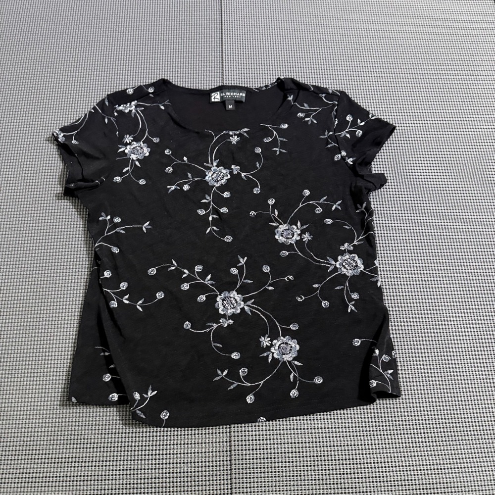 RL Richard New York Womens Black Floral Embroidered Short Sleeve Top Size M